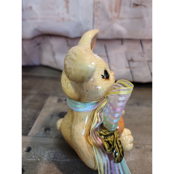 Ceramic brown easter bunny AS IS rabbit carrot bow decor figure - Picture 5 of 9